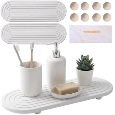 Imagem de Bandeja de pia de pedra de diatomita para balcão de banheiro, saboneteira de secagem rápida com absorção de água, branca, pacote com 2, pés de madeira antiderrapantes (pacote com 2)