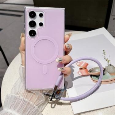 Imagem de Capa de celular cor de doce com alça de couro para Samsung Galaxy S24 S23 Ultra S22 Plus, capa protetora à prova de choque, roxa, para S23 Ultra