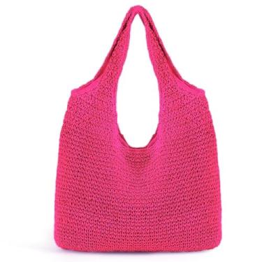 Imagem de QTKJ Bolsa de ombro de palha grande macia feita à mão Boho com alça de palha retrô bolsa de praia de verão bolsa de mão de vime, Rosa, L