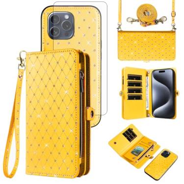 Imagem de Capa de celular para iPhone 15 Pro 15.5 cm carteira com zíper destacável com película de vidro temperado, alça brilhante flip flip porta-cartão slot i Phone15 i15 15Pro mulheres homens meninas amarelo