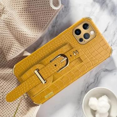 Imagem de IRTGFG Capa protetora de couro com revestimento de luxo para iPhone 16 Plus (para iPhone 16 Plus/amarelo)
