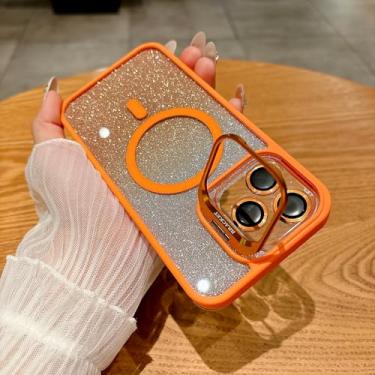 Imagem de HJZSZX Capa de celular luxuosa magnética à prova de choque com suporte de vidro e protetor de lente para iPhone 15 Plus (para iPhone 15 Plus/laranja)