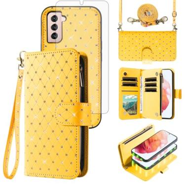 Imagem de Capa carteira compatível com Samsung Galaxy S21 5G 6,2 polegadas com zíper, protetor de tela para celular, alça transversal com glitter, flip, porta-cartões, capa para celular para S 21 21S G5