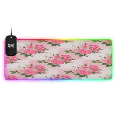 Imagem de CEBUGI Mouse pad de carregamento sem fio Roses 15W mouse pad rápido para jogos com iluminação LED RGB 14 para jogos, PC, laptop, mesa 90,9 x 39,9 cm