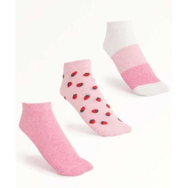 Imagem de Kit 3 Pares Meias Soquete Feminina Morango Marisa-40085, 34/39, Rosa