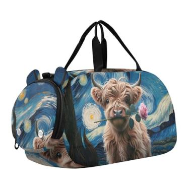 Imagem de Bolsa esportiva para meninos, papagaio, tropical, amor, pássaros, bolsas noturnas, bolsas de viagem e dança, Highland Cow Starry Night, Clássico
