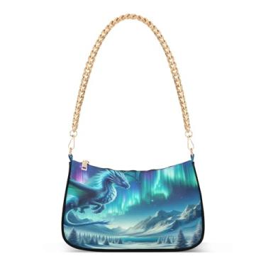 Imagem de Bolsa de ombro azul brilhante dragão corrente de ombro, bolsa de mão Hobo artística para mulheres, bolsa clutch média moderna