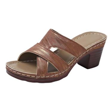 Imagem de Chinelo feminino moderno casual primavera e verão praia confortável boca de peixe bico aberto um pé salto grosso salto alto, Marrom, 36