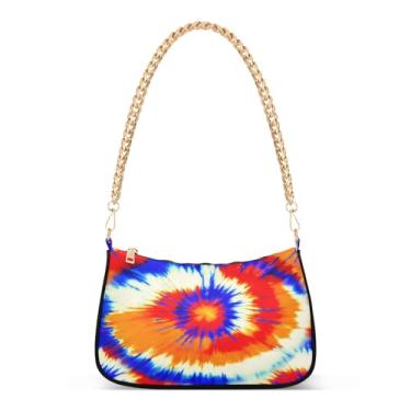 Imagem de Bolsa de ombro com corrente de redemoinhos tie dye azul laranja, bolsa feminina Hobo média, bolsa moderna para uso diário ou festa