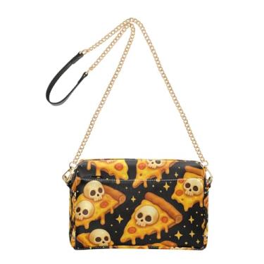 Imagem de Joitme Bolsa feminina tiracolo bolsa para celular bolsa de ombro de couro PU com alça de corrente desenho animado fatias de pizza caveiras pretas