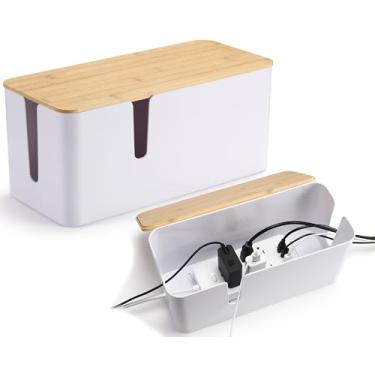 Imagem de ZhiYo Caixa de gerenciamento de cabos com tampa de bambu, pacote com 2, caixa de cabos branca média e grande, organizador de fios para esconder protetor contra sobretensão, fios de mesa/TV/computador