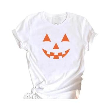 Imagem de Camiseta Feminina Laranja Com Estampa De Abóbora De Halloween Engraçad