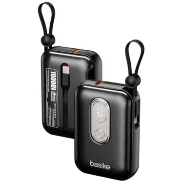 Imagem de Basike Mini Power Bank, Carregador Portátil Universal 10000mAh, USB-A (até 22,5W, QC) + USB-C (até 20W, PD), com 2 Cabos Integrados (USB-C e Lightning), LED Numeric Power Display – Preto
