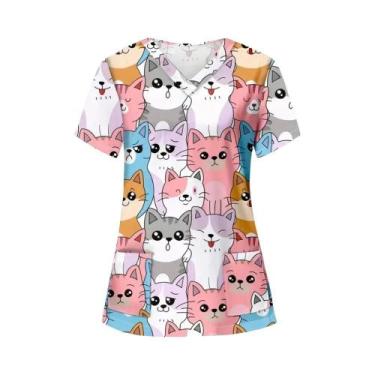 Imagem de Blusa De Enfermagem Feminina Com Estampa De Gato Em Desenho Animado, U