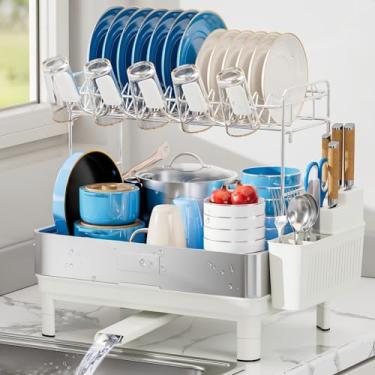 Imagem de Ewaiira Escorredor de louça grande, escorredor de pratos de aço inoxidável 304 de 2 camadas para balcão de cozinha, bico de drenagem automática, escorredores de pratos de cozinha à prova de ferrugem