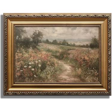 Imagem de KBKBART Arte de parede em tela emoldurada dourada, pintura de campo de flores silvestres vintage, impressões de arte em tela retrô natureza selvagem, decoração de parede de paisagem rústica para sala