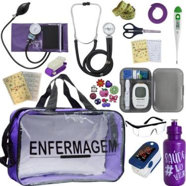 Imagem de Kit Bolsa Transparente Aparelho de Pressão Aneroide Medidor de Glicose