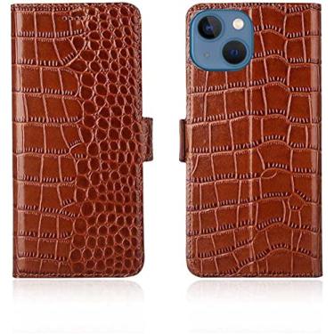 Imagem de ZEDEVB Coldre de capa de telefone flip padrão de crocodilo, capa de suporte fólio magnético de couro genuíno [suporte de cartão] para Apple iPhone 14 Plus 2022 (Cor: marrom)