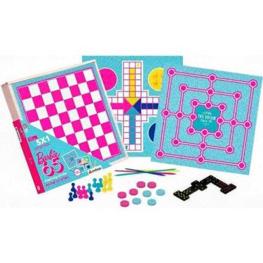 Imagem de Jogo 5 em 1 Barbie Damas Ludo Trilha Dominó Pega Varetas