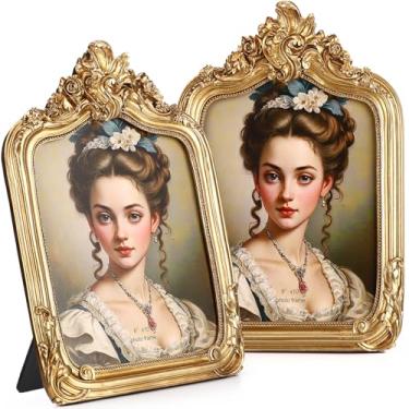 Imagem de Geelin 2 porta-retratos vintage de 20 x 25,4 cm, dourado, retangular, de resina, antigo, moldura vintage com painel traseiro e vidro frontal, visor de mesa e pendurar na parede para hotel, fotografia