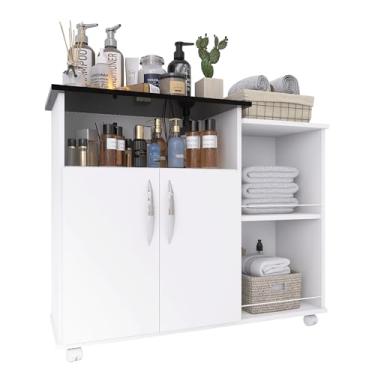 Imagem de Armário de Cozinha Multiuso com Rodízios, Branco, Prateleiras para Eletrodomésticos e Alimentos, 2 Portas (Preto)