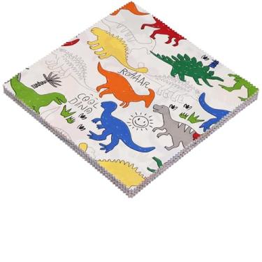 Imagem de Hanjunzhao Quadrados de tecido de algodão de dinossauro de desenho animado 25 x 25 cm, folga de tecido de bolo de camada para estofamento de 25 cm, quadrados de 25 cm para acolchoamento, cobertor de