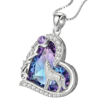 Imagem de Colar de lobo uivante com pingente de lobo de pedra de coração roxo rosa presente para mulheres, colares de lobo, presente de aniversário para seus amantes de lobos, pingente feminino