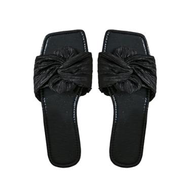 Imagem de OYOANGLE Sandálias femininas metálicas torcidas na frente aberta e rasteiras modernas, Preto, 35 BR