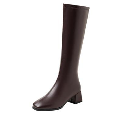 Imagem de Botas femininas de bico quadrado, salto médio, salto grosso, cor sólida, casual, inverno, Café, 36