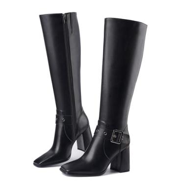 Imagem de Migpuel Botas até o joelho femininas salto gatinho bico fino botas sociais altas com zíper lateral moda confortável largura panturrilha bota social longa, Preto, 39