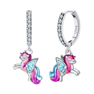 Imagem de Brincos De Prata 925 Unicórnio Arco-Íris Com Pedra Preciosa Brilhante 