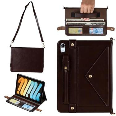 Imagem de Capa de mão para iPad mini (A17 Pro)/6ª geração de 8,3 polegadas, capa transversal de couro sintético Techcircle com suporte para lápis + compartimentos para cartões com alça de ombro/mão, marrom