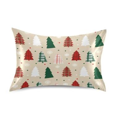 Imagem de Wassud Fronha de cetim com desenho de árvores de Natal para cabelo e pele, fronhas de seda lisa, tamanho queen, respirável, com fecho de envelope