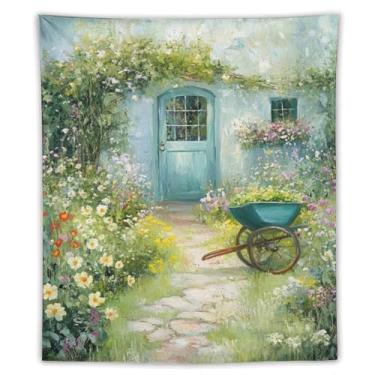 Imagem de Tapeçaria de caminho de casa de campo coberta de flores de primavera, decoração de parede de arte de flores de carrinho de mão de jardim, decoração sazonal aconchegante para sala de estar, quarto