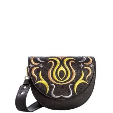 Imagem de Bolsa Tiracolo Feminina Leopoldine Couro Legítimo Preta com Bordado e Alças Removíveis-Feminino