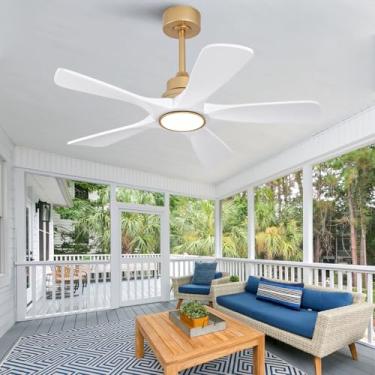 Imagem de Ventoinhas de teto em ouro branco de 106 cm com luzes e controle remoto, ventilador de teto externo de 5 madeira de madeira com luz ventiladores de teto externos para pátios, ventilador de teto de