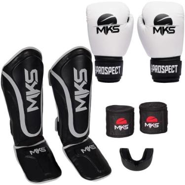 Imagem de Luva Muay Thai Prospect Branca + Caneleira Muay Thai Prospect Preta + 