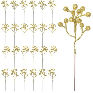 Imagem de Vipay 24 peças de decorações de árvore de Natal, palhetas de Natal douradas de 18 cm, hastes artificiais de bagas de azevinho para guirlanda de flores faça você mesmo, decoração de guirlanda de