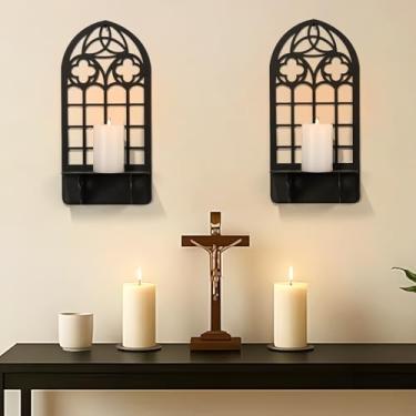 Imagem de Castiçais de metal para catedral em arco, castiçais de metal, suporte de vela, castiçal preto, decoração de parede em arco para sala de estar, igreja, lareira (preto 2, 14 x 30 cm, 2 peças)