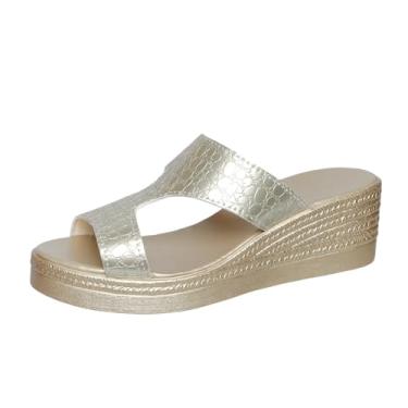 Imagem de Sandália feminina casual versátil salto plataforma bico redondo plus size para primavera verão confortável material PU, Dourado, 35