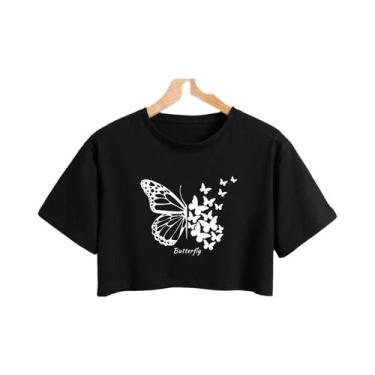 Imagem de Top Cropped Com Estampa De Borboleta, Manga Curta, Gola Redonda, Mistu