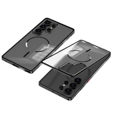 Imagem de Capa magnética para Samsung Galaxy S25 Ultra, para-choques de metal e tampa traseira de PC rígido fosco translúcido, protetor de lente da câmera (preto)