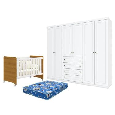 Imagem de Berço Americano Evolution 4 em 1 Branco Acetinado Savana e Guarda Roupa Casal Americano 6 Portas Branco HP e Colchão Ortobom - Henn
