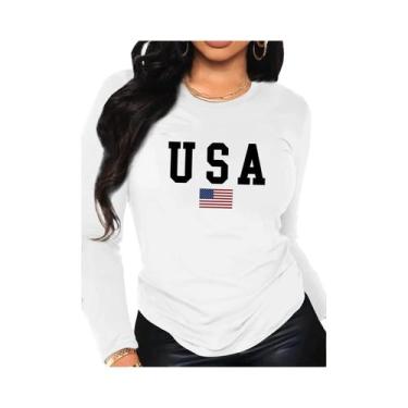 Imagem de Camiseta Feminina De Manga Longa 100% Algodão Com Estampa Da Bandeira 