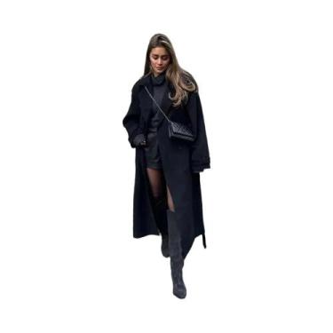 Imagem de Casaco Longo Feminino Elegante Oversize Preto De Lã Com Botões Duplos 
