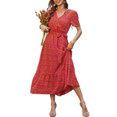 Imagem de Vestido PRETTYGARDEN Talla X-Large Rojo Floral Bohemio Cruzado con Esc