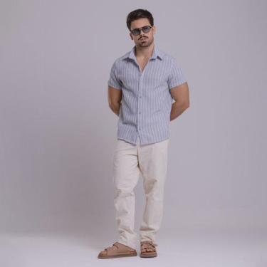 Imagem de Camisa de Linho Listrada Masculina Social Gola Italiana Visco-Linho Ma
