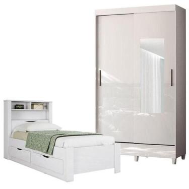 Imagem de Cama Solteiro com Gavetas Invicta com Guarda Roupa Fit 2 Portas com Es