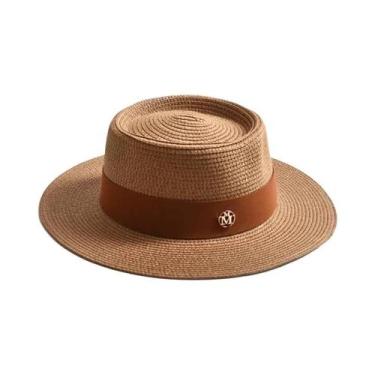 Imagem de Chapéu De Sol Feminino De Palha Para Verão Com Aba Reta E Fita  Boné D