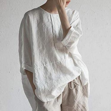 Imagem de Mingzhe Blusa vintage feminina verão algodão linho cor sólida gola redonda meia manga bainha casual camiseta tamanho pluse